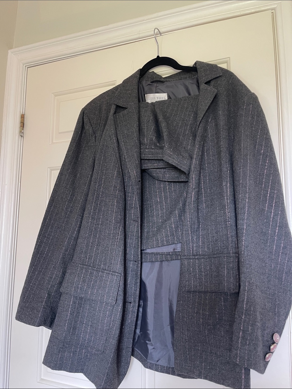 Allison Woods - Gray and Pink Pinstriped Blazer Set